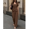 image:imageZESICA Womens Two Pieces Suits Set Business Casual Outfits  Short Sleeve Blazer Wide Leg Pants Dressy Pants Suits 2026 Summer 2 Piece Sets Trendy Office Work Travel OutfitsBrown