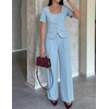 image:imageZESICA Womens Two Pieces Suits Set Business Casual Outfits  Short Sleeve Blazer Wide Leg Pants Dressy Pants Suits 2026 Summer 2 Piece Sets Trendy Office Work Travel OutfitsLight Blue