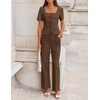 image:imageZESICA Womens Two Pieces Suits Set Business Casual Outfits  Short Sleeve Blazer Wide Leg Pants Dressy Pants Suits 2026 Summer 2 Piece Sets Trendy Office Work Travel OutfitsBrown