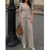 image:imageZESICA Womens Two Pieces Suits Set Business Casual Outfits  Short Sleeve Blazer Wide Leg Pants Dressy Pants Suits 2026 Summer 2 Piece Sets Trendy Office Work Travel OutfitsGrey Khaki