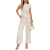 image:imageZESICA Womens Summer 2 Piece Sets Casual Work Office Pant Outfits  Short Sleeve Knit Belted Tops and Wide Leg Pants Daily Vacation Matching Set Business Pantsuits Fashion ClothesGreyapricot