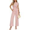 image:imageZESICA Womens Summer 2 Piece Sets Casual Work Office Pant Outfits  Short Sleeve Knit Belted Tops and Wide Leg Pants Daily Vacation Matching Set Business Pantsuits Fashion ClothesDustypink
