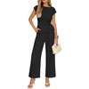 image:imageZESICA Womens Summer 2 Piece Sets Casual Work Office Pant Outfits  Short Sleeve Knit Belted Tops and Wide Leg Pants Daily Vacation Matching Set Business Pantsuits Fashion ClothesDim