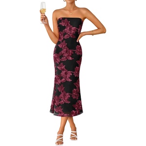image:imageZESICA 2026 Summer Strapless Floral Cocktail Wedding Guest Dress for Women  Formal Bodycon Mesh Tube Midi Dresses Elegant Bridal Shower Bridesmaid Birthday Holiday Dinner Party Fashion Evening GownBlackred
