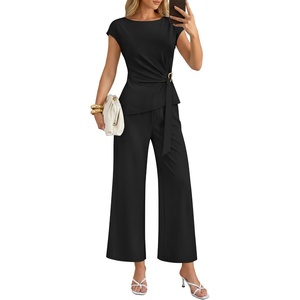image:imageZESICA Womens Summer 2 Piece Sets Casual Work Office Pant Outfits  Short Sleeve Knit Belted Tops and Wide Leg Pants Daily Vacation Matching Set Business Pantsuits Fashion ClothesBlack