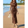 image:imageZESICA Women Summer 2026 Floral Short Sleeve Bodycon Mesh Maxi Formal Dress  Ruched Fitted Casual Work Dress Elegant Bridal Shower Dress Wedding Guest Cocktail Party Dress Brunch Dinner OutfitsBrown