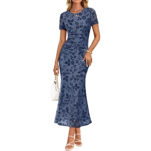 image:imageZESICA Women Summer 2026 Floral Short Sleeve Bodycon Mesh Maxi Formal Dress  Ruched Fitted Casual Work Dress Elegant Bridal Shower Dress Wedding Guest Cocktail Party Dress Brunch Dinner OutfitsDustyblue