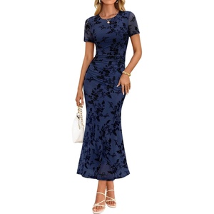 image:imageZESICA Women Summer 2026 Floral Short Sleeve Bodycon Mesh Maxi Formal Dress  Ruched Fitted Casual Work Dress Elegant Bridal Shower Dress Wedding Guest Cocktail Party Dress Brunch Dinner OutfitsNavy