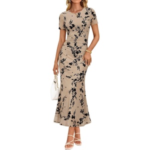 image:imageZESICA Women Summer 2026 Floral Short Sleeve Bodycon Mesh Maxi Formal Dress  Ruched Fitted Casual Work Dress Elegant Bridal Shower Dress Wedding Guest Cocktail Party Dress Brunch Dinner OutfitsLight Khaki