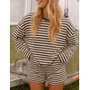 image:imageZESICA Womens 2 Piece Striped Short Sets Fall Lounge Outfit  Long Sleeve Tops and Shorts Loose Fit Comfy Matching Sets Cute Pajamas Airport Travel ClothesApricot