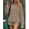 image:imageZESICA Womens 2 Piece Striped Short Sets Fall Lounge Outfit  Long Sleeve Tops and Shorts Loose Fit Comfy Matching Sets Cute Pajamas Airport Travel ClothesApricot