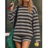 image:imageZESICA Womens 2 Piece Striped Short Sets Fall Lounge Outfit  Long Sleeve Tops and Shorts Loose Fit Comfy Matching Sets Cute Pajamas Airport Travel ClothesDarkcoffee