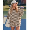 image:imageZESICA Womens 2 Piece Striped Short Sets Fall Lounge Outfit  Long Sleeve Tops and Shorts Loose Fit Comfy Matching Sets Cute Pajamas Airport Travel ClothesApricot
