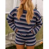 image:imageZESICA Womens 2 Piece Striped Short Sets Fall Lounge Outfit  Long Sleeve Tops and Shorts Loose Fit Comfy Matching Sets Cute Pajamas Airport Travel ClothesNavy