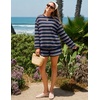 image:imageZESICA Womens 2 Piece Striped Short Sets Fall Lounge Outfit  Long Sleeve Tops and Shorts Loose Fit Comfy Matching Sets Cute Pajamas Airport Travel ClothesNavy
