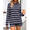 image:imageZESICA Womens 2 Piece Striped Short Sets Fall Lounge Outfit  Long Sleeve Tops and Shorts Loose Fit Comfy Matching Sets Cute Pajamas Airport Travel ClothesNavy