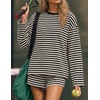 image:imageZESICA Womens 2 Piece Striped Short Sets Fall Lounge Outfit  Long Sleeve Tops and Shorts Loose Fit Comfy Matching Sets Cute Pajamas Airport Travel ClothesBlack