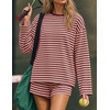 image:imageZESICA Womens 2 Piece Striped Short Sets Fall Lounge Outfit  Long Sleeve Tops and Shorts Loose Fit Comfy Matching Sets Cute Pajamas Airport Travel ClothesPink
