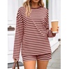 image:imageZESICA Womens 2 Piece Striped Short Sets Fall Lounge Outfit  Long Sleeve Tops and Shorts Loose Fit Comfy Matching Sets Cute Pajamas Airport Travel ClothesPink