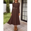 image:imageZESICA Womens Fall Long Sleeve Pleated Midi Sweater Dresses  2026 Fall Winter Clothes Crewneck Soft Knit Fabric Removable Belted Waist High Waist Flowy A Line Wedding Guest DressesCoffee