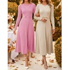 image:imageZESICA Womens Fall Long Sleeve Pleated Midi Sweater Dresses  2026 Fall Winter Clothes Crewneck Soft Knit Fabric Removable Belted Waist High Waist Flowy A Line Wedding Guest DressesApricot