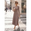 image:imageZESICA Womens Fall Long Sleeve Pleated Midi Sweater Dresses  2026 Fall Winter Clothes Crewneck Soft Knit Fabric Removable Belted Waist High Waist Flowy A Line Wedding Guest DressesKhaki