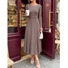 image:imageZESICA Womens Fall Long Sleeve Pleated Midi Sweater Dresses  2026 Fall Winter Clothes Crewneck Soft Knit Fabric Removable Belted Waist High Waist Flowy A Line Wedding Guest DressesKhaki