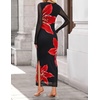image:imageZESICA Womens Long Sleeve Floral Side Slit Bodycon Maxi Dresses  Crewneck Slim Fit Ruched Lined Mesh 2026 Fall Boho Trendy Formal Wedding Guest Cocktail Party Casual Going Out VacationBlack