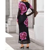 image:imageZESICA Womens Long Sleeve Floral Side Slit Bodycon Maxi Dresses  Crewneck Slim Fit Ruched Lined Mesh 2026 Fall Boho Trendy Formal Wedding Guest Cocktail Party Casual Going Out VacationPurple
