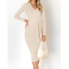 image:imageZESICA Womens V Neck 2026 Fall Sweater Dress  Bodycon Slimming Long Sleeve Ribbed Knit Tie Waist Classy Holiday Work Office Winter Midi DressesApricot