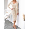 image:imageZESICA Womens V Neck 2026 Fall Sweater Dress  Bodycon Slimming Long Sleeve Ribbed Knit Tie Waist Classy Holiday Work Office Winter Midi DressesApricot