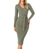 image:imageZESICA Womens V Neck 2026 Fall Sweater Dress  Bodycon Slimming Long Sleeve Ribbed Knit Tie Waist Classy Holiday Work Office Winter Midi DressesArmygreen