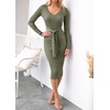 image:imageZESICA Womens V Neck 2026 Fall Sweater Dress  Bodycon Slimming Long Sleeve Ribbed Knit Tie Waist Classy Holiday Work Office Winter Midi DressesArmygreen