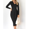 image:imageZESICA Womens V Neck 2026 Fall Sweater Dress  Bodycon Slimming Long Sleeve Ribbed Knit Tie Waist Classy Holiday Work Office Winter Midi DressesBlack