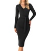 image:imageZESICA Womens V Neck 2026 Fall Sweater Dress  Bodycon Slimming Long Sleeve Ribbed Knit Tie Waist Classy Holiday Work Office Winter Midi DressesBlack