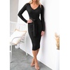 image:imageZESICA Womens V Neck 2026 Fall Sweater Dress  Bodycon Slimming Long Sleeve Ribbed Knit Tie Waist Classy Holiday Work Office Winter Midi DressesBlack