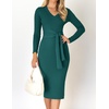 image:imageZESICA Womens V Neck 2026 Fall Sweater Dress  Bodycon Slimming Long Sleeve Ribbed Knit Tie Waist Classy Holiday Work Office Winter Midi DressesDarkgreen