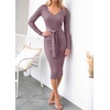 image:imageZESICA Womens V Neck 2026 Fall Sweater Dress  Bodycon Slimming Long Sleeve Ribbed Knit Tie Waist Classy Holiday Work Office Winter Midi DressesDarkviolet