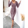 image:imageZESICA Womens V Neck 2026 Fall Sweater Dress  Bodycon Slimming Long Sleeve Ribbed Knit Tie Waist Classy Holiday Work Office Winter Midi DressesDarkviolet