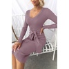 image:imageZESICA Womens V Neck 2026 Fall Sweater Dress  Bodycon Slimming Long Sleeve Ribbed Knit Tie Waist Classy Holiday Work Office Winter Midi DressesDarkviolet