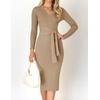 image:imageZESICA Womens V Neck 2026 Fall Sweater Dress  Bodycon Slimming Long Sleeve Ribbed Knit Tie Waist Classy Holiday Work Office Winter Midi DressesKhaki