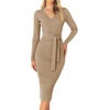 image:imageZESICA Womens V Neck 2026 Fall Sweater Dress  Bodycon Slimming Long Sleeve Ribbed Knit Tie Waist Classy Holiday Work Office Winter Midi DressesKhaki