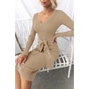 image:imageZESICA Womens V Neck 2026 Fall Sweater Dress  Bodycon Slimming Long Sleeve Ribbed Knit Tie Waist Classy Holiday Work Office Winter Midi DressesKhaki