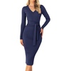 image:imageZESICA Womens V Neck 2026 Fall Sweater Dress  Bodycon Slimming Long Sleeve Ribbed Knit Tie Waist Classy Holiday Work Office Winter Midi DressesNavy