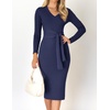 image:imageZESICA Womens V Neck 2026 Fall Sweater Dress  Bodycon Slimming Long Sleeve Ribbed Knit Tie Waist Classy Holiday Work Office Winter Midi DressesNavy