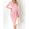 image:imageZESICA Womens V Neck 2026 Fall Sweater Dress  Bodycon Slimming Long Sleeve Ribbed Knit Tie Waist Classy Holiday Work Office Winter Midi DressesPink