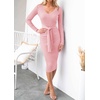 image:imageZESICA Womens V Neck 2026 Fall Sweater Dress  Bodycon Slimming Long Sleeve Ribbed Knit Tie Waist Classy Holiday Work Office Winter Midi DressesPink