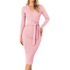 image:imageZESICA Womens V Neck 2026 Fall Sweater Dress  Bodycon Slimming Long Sleeve Ribbed Knit Tie Waist Classy Holiday Work Office Winter Midi DressesPink
