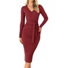image:imageZESICA Womens V Neck 2026 Fall Sweater Dress  Bodycon Slimming Long Sleeve Ribbed Knit Tie Waist Classy Holiday Work Office Winter Midi DressesRed