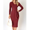 image:imageZESICA Womens V Neck 2026 Fall Sweater Dress  Bodycon Slimming Long Sleeve Ribbed Knit Tie Waist Classy Holiday Work Office Winter Midi DressesRed